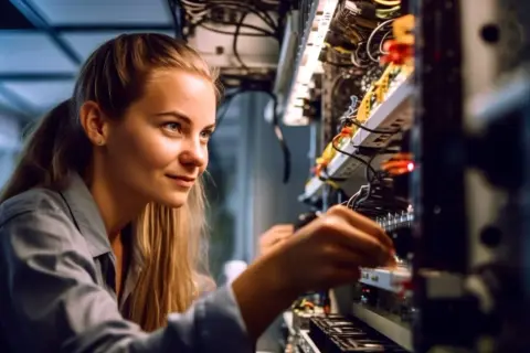 Junge Frau mit techniker zertifikat arbeitet an Servern.