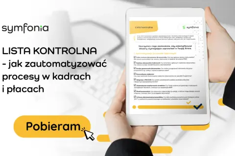 Tablet z listą kontrolną automatyzacji procesów kadrowych i płacowych, z logo Symfonia.