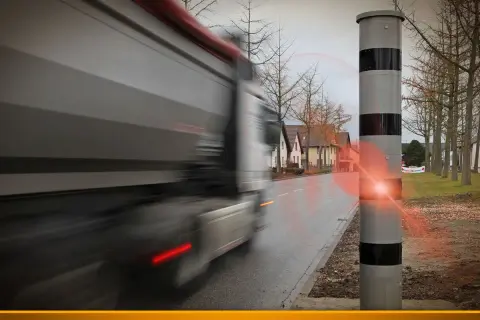 Ein Lkw rast an einem Blitzer vorbei. Der Blitz leuchtet auf, als der Fahrer zu schnell fährt.