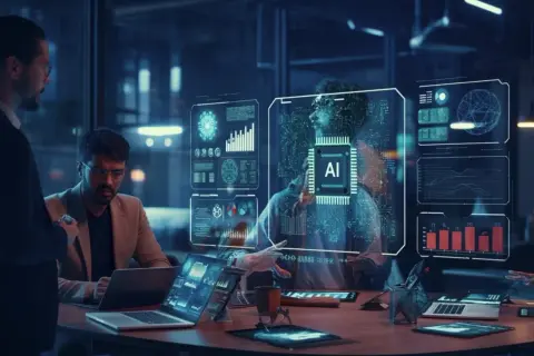 Inżynierowie analizują dane AI na futurystycznych ekranach.