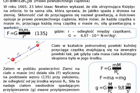 Prawo powszechnego ciążenia opisuje siłę przyciągania między masami. Newton odkrył, że jabłko spada na ziemię dzięki tej samej sile, co Księżyc na orbicie.