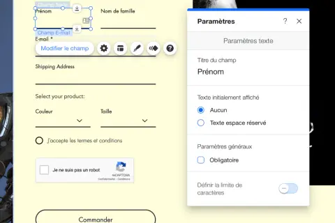 Paramètres du champ "Prénom" dans un tuto Wix. Configuration des options de texte et des paramètres généraux.