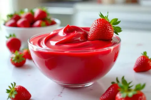 Un bol de ganache framboise rouge vif, garni d'une fraise fraîche. Une recette sans chocolat blanc pour un dessert fruité.