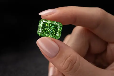 Palce delikatnie trzymają olśniewający zielony diament o szlifie prostokątnym.