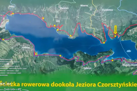 Mapa szlaków rowerowych wokół Jeziora Czorsztyńskiego, z zaznaczoną trasą Velo Dunajec i punktami obsługi rowerzystów. Idealna do planowania wycieczki velo Czorsztyn GPX.