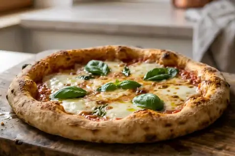 Pizza Margherita parfaite, avec une croûte dorée et moelleuse, idéale pour votre recette pâte à pizza moelleuse.