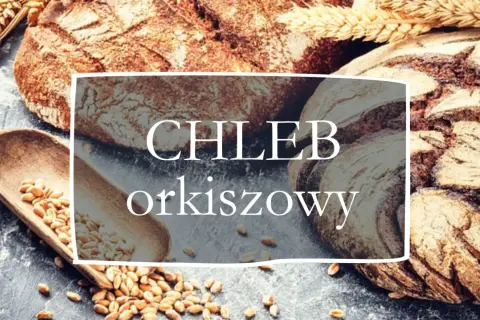 Chleb orkiszowy, najzdrowszy wybór dla Ciebie. Złociste kłosy i drewniana łyżka pełna ziaren podkreślają jego naturalność.