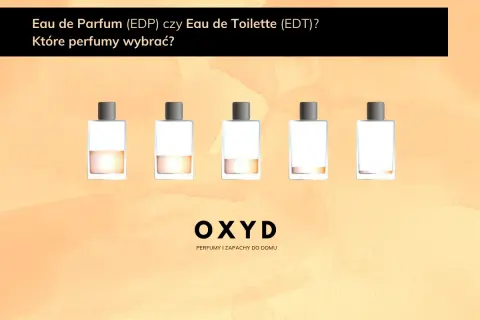 Pięć buteleczek perfum, od lewej: woda perfumowana (EDP) czy woda toaletowa (EDT)? Wybór zależy od Ciebie.