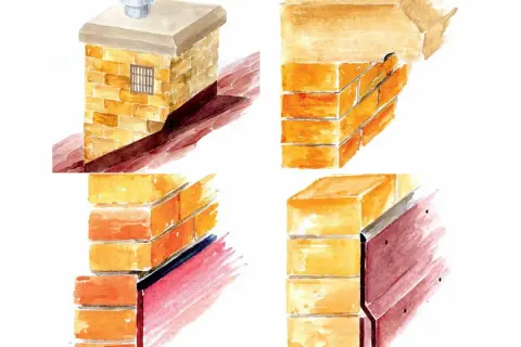 Ilustracja pokazuje montaż uszczelniacza do komina, zapewniającego szczelność połączenia z dachem.