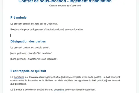 Contrat de sous-location d'un logement d'habitation. Ce document détaille les parties et les conditions de la sous-location, similaire à un contrat Airbnb.