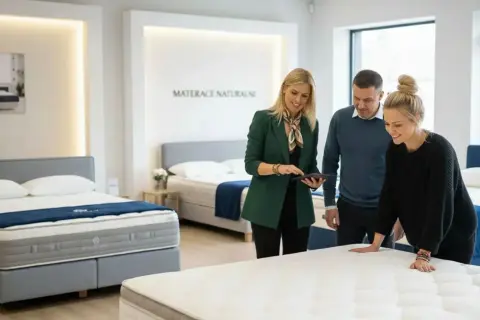 Doradczyni pokazuje parze materac, wyjaśniając, co to lateks i jego zalety. W tle łóżka i materace.