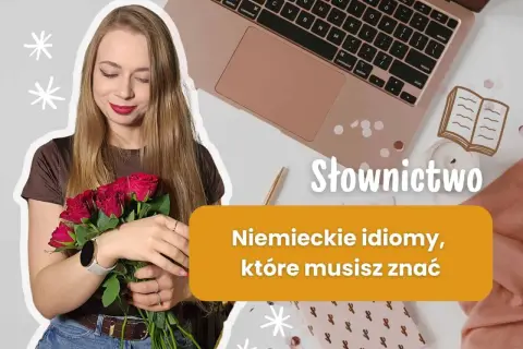 Dziewczyna z bukietem róż obok laptopa, uczy się słownictwa i niemieckich idiomów.