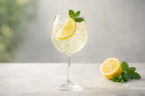 Orzeźwiający martini prosecco drink z plasterkiem cytryny i miętą, podany na kruszonym lodzie.