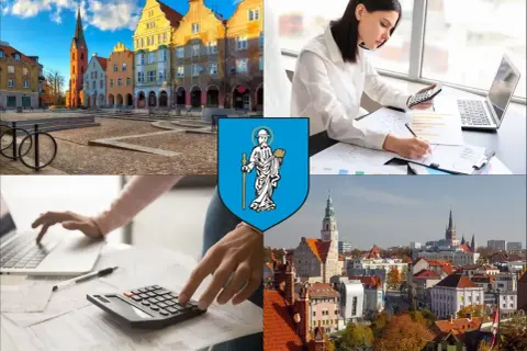 Kolaż: Rynek w Olsztynie, kobieta z kalkulatorem i laptopem, herb miasta, panorama Olsztyna.