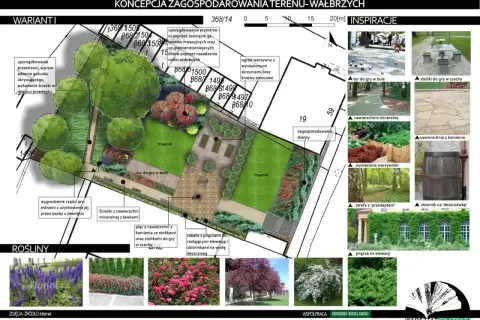 Koncepcja zagospodarowania terenu: projekt ogrodu z trawnikami, placem do gry w bule, warzywnikiem i inspiracjami.