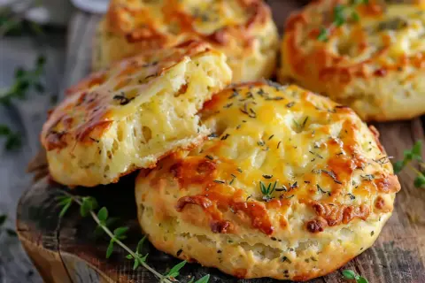 Saftiga scones utan smör, toppade med smält ost och örter. Perfekta för en mysig fika.