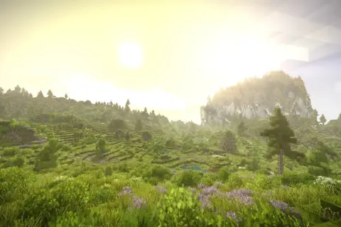 Zielona, tarasowa dolina z kwitnącymi kwiatami, gdzie słońce wschodzi nad górą. Jakby z **vintage story steam**.