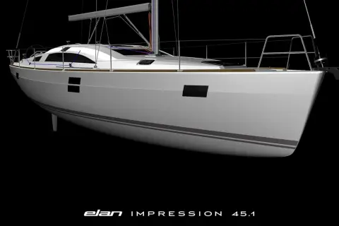 Il bianco scafo dell'elan impression 45.1, con linee grigie, si staglia su sfondo nero.