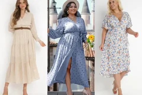 Eleganckie suknie na wesele plus size: beżowa, błękitna w grochy i kwiecista. Idealne na letnie uroczystości.
