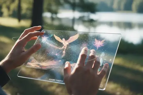 Dłonie trzymają przezroczysty tablet z animowanymi stworzeniami, jakby wyczarowanymi przez **Adobe Firefly**. W tle jezioro i drzewa.