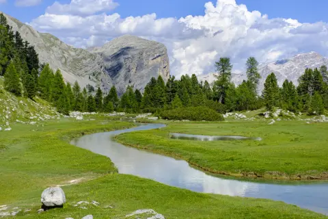 Un ruscello serpeggia tra prati verdi e fiori gialli, con imponenti montagne sullo sfondo. Un paesaggio da cartolina, tipico delle località di montagna famose.