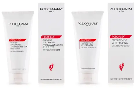 Cztery opakowania kremów Podopharm PODOFLEX z mocznikiem, idealne na suchą i popękaną skórę stóp, w tym cerkoderm.