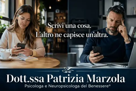Coppia che comunica via messaggio, con la psicologa Dott.ssa Patrizia Marzola che offre supporto per capire come scrivere un messaggio alla psicologa.