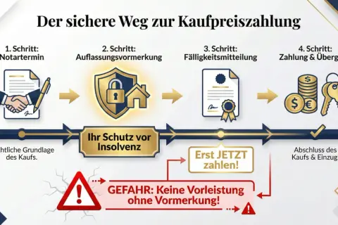 Der sichere Weg zur Kaufpreiszahlung: Notartermin, Auflassungsvormerkung, Fälligkeitsmitteilung, Zahlung & Übergabe. Ihr Schutz vor Insolvenz bei Immobilienkaufvertragsentwurf.