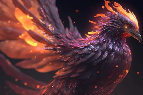 Le phénix, oiseau de feu aux plumes sombres et incandescentes, s'élève dans la nuit, entouré de braises lumineuses.