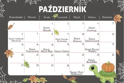 Kalendarz na październik z zaznaczonymi świętami, np. Dzień Nauczyciela, Dzień Kundelka i Święto Dyni Halloween.