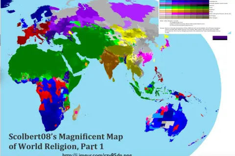 Mapa świata pokazuje, ile jest religii na świecie, z podziałem na kolory dla różnych wyznań i regionów.