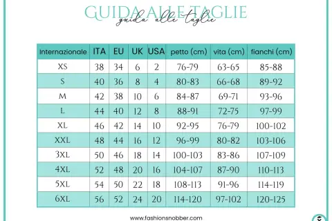 Guida taglie: la taglia 25 corrisponde a una taglia internazionale XS, con petto 76-79 cm, vita 63-65 cm e fianchi 85-88 cm.