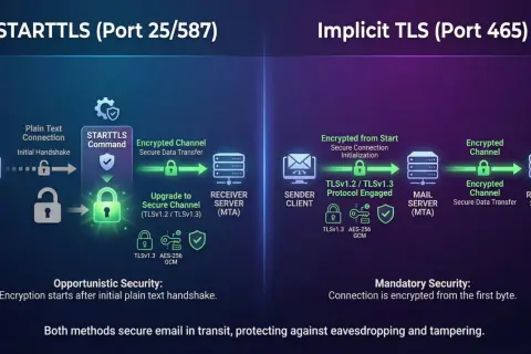 STARTTLS (Port 25/587) vs Implicit TLS (Port 465) – porównanie bezpieczeństwa poczty e-mail.