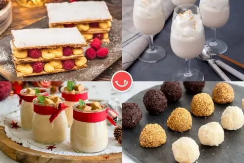 Collage de postres navideños: milhojas con frambuesas, vasitos de crema, y trufas variadas.