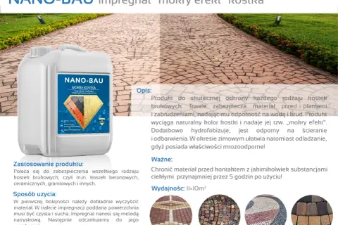 NANO-BAU impregnat "mokry efekt" kostka brukowa. Produkt chroni i odżywia kolor kostki, nadając jej głęboki, mokry wygląd.