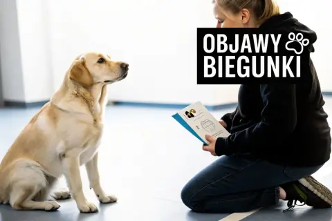 Labrador siedzi, patrząc na kobietę klęczącą z broszurą o objawach biegunki u psa.