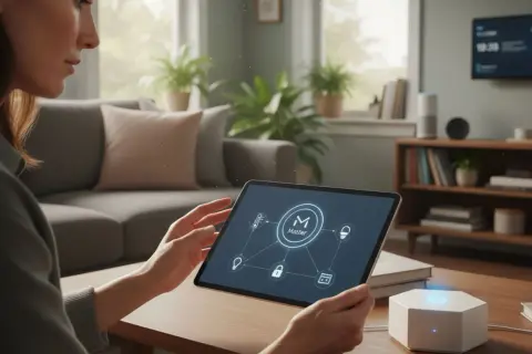 Une femme utilise une tablette pour contrôler sa maison connectée. L'écran affiche le logo "Matter", symbole de la domotique open source, avec des icônes de thermostat, ampoule, serrure et carte.
