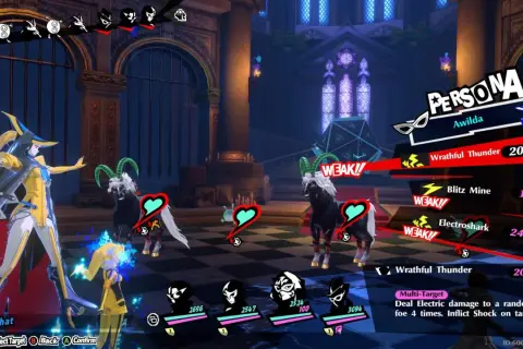 W walce w Persona 5 x, Awilda atakuje słabe kozy. Wybierz umiejętność "Wrathful Thunder" dla 20 SP.