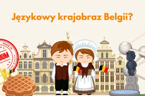 Dzieci z flagami Belgii na tle brukselskich kamienic i Atomium. Poznajcie język w Belgii!