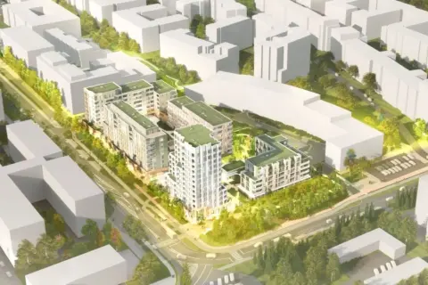 Wizualizacja osiedla mieszkaniowego. Nowoczesne budynki z zielonymi dachami, otoczone drzewami i terenami zielonymi. Projekt dewelopera Lex.