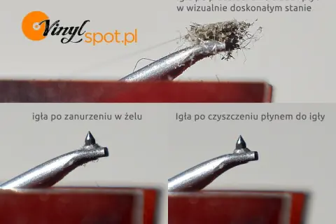 Jak czyścić igłę gramofonową: porównanie stanu igły po przesłuchaniu płyt, zanurzeniu w żelu i czyszczeniu płynem.