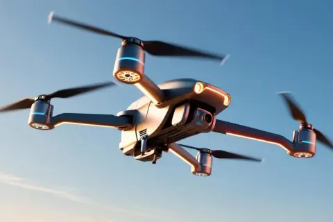 Un drone moderno in volo, con luci LED accese, pronto per riprese aeree mozzafiato.