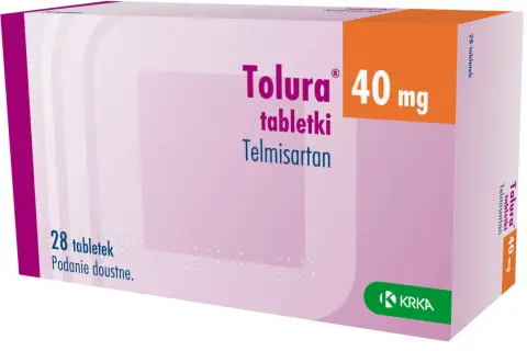 Opakowanie leku Tolura 40 mg z telmisartanem, zawierające 28 tabletek.
