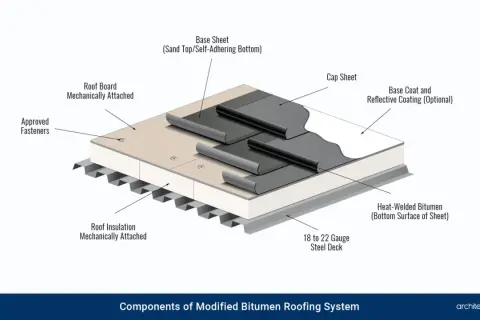 Diagram of a modified bituminous membrane roofing system, showing layers from steel deck to cap sheet.