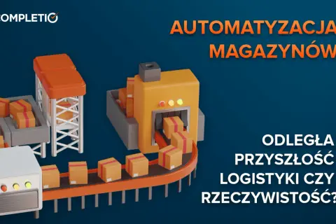 Ilustracja przedstawia zautomatyzowany system magazynowy z taśmociągami i paczkami.