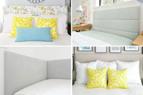 Four examples of DIY upholstered headboards: floral, paneled, corner, and tufted.