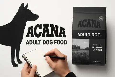 En hundsilhuett bredvid en anteckningsbok där någon skriver. Bredvid står en påse ACANA Adult Dog Food. Ett tack och bock uttryck för hundmaten.