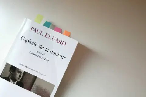 Un livre ouvert, "Capitale de la douleur" de Paul Éluard, marqué par des post-its colorés.
