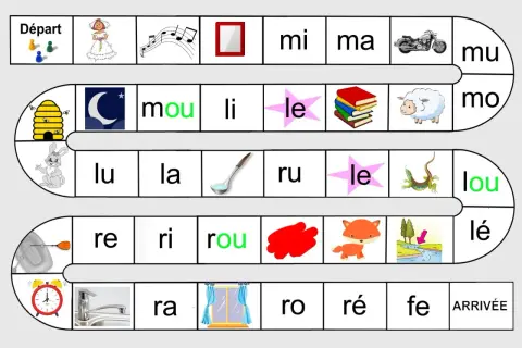 Jeu de plateau pour apprendre à lire, avec des images et des syllabes. Le parcours serpente, offrant un support ludique pour les enfants.