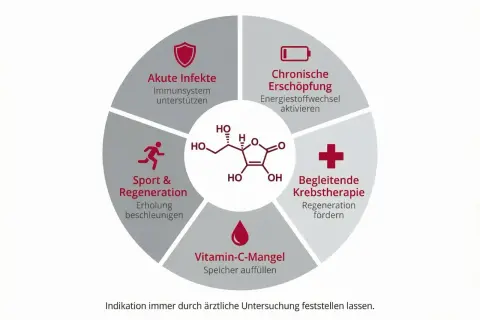 Kreisdiagramm zeigt Anwendungsgebiete für hochdosierte Vitamin C Infusion: akute Infekte, chronische Erschöpfung, Sport & Regeneration, Vitamin-C-Mangel, begleitende Krebstherapie.